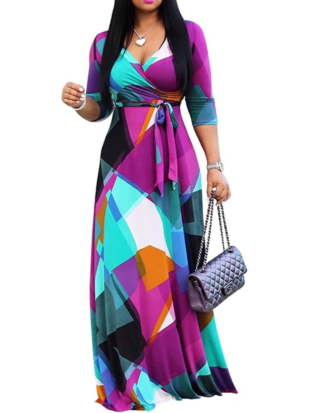 Plus Size Maxi Dress for Women Casual Summer Sundress V-Neck 3/4 Sleeve